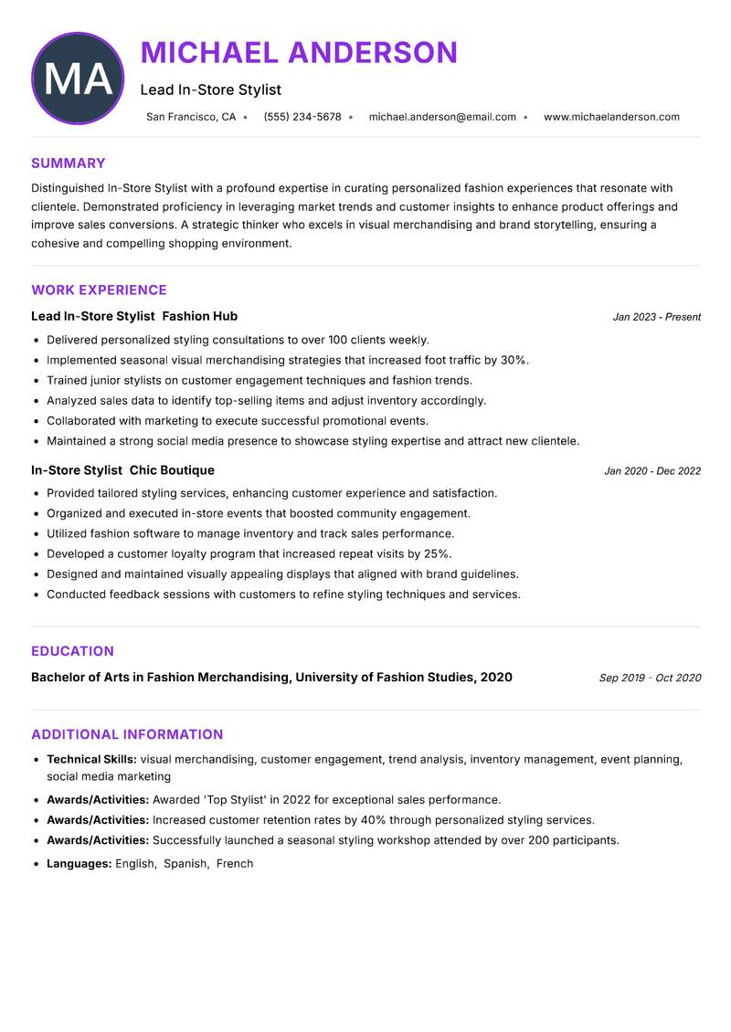 In-Store Stylist resume example