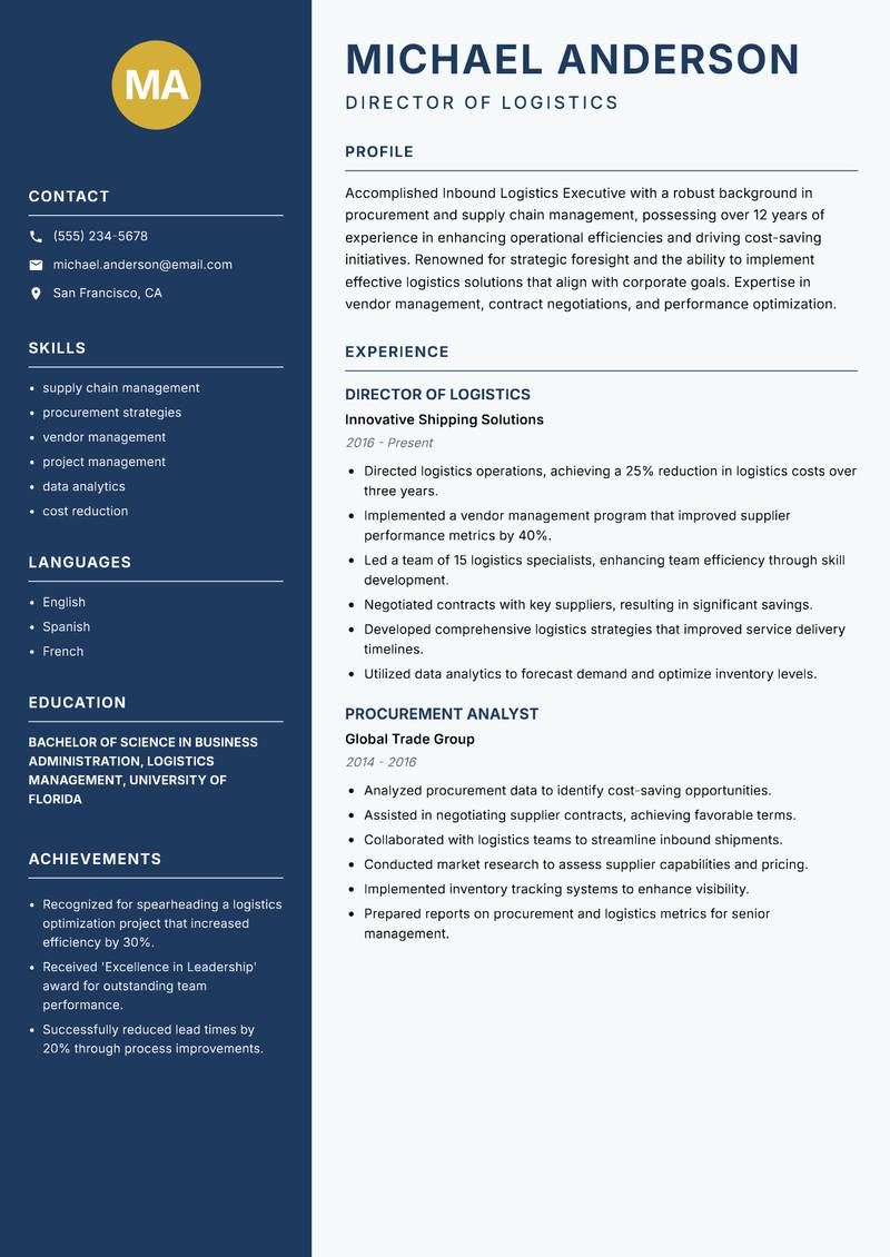 Inbound Logistics Executive resume sample — Director of Logistics focus
