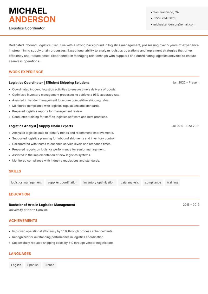 Inbound Logistics Executive resume sample — Logistics Coordinator focus