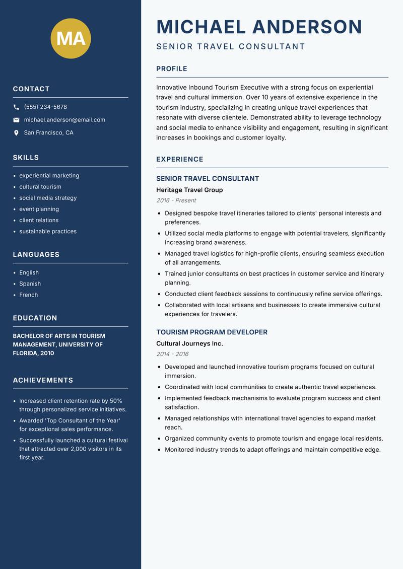 Inbound Tourism Executive resume sample — Senior Travel Consultant focus