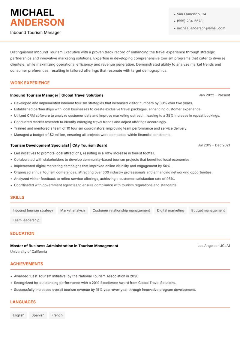 Inbound Tourism Executive resume sample — Inbound Tourism Manager focus