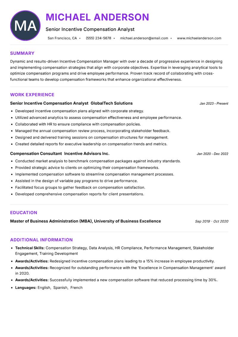 Incentive Compensation Manager resume example