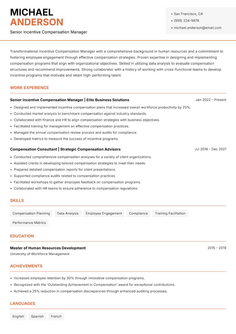 Incentive Compensation Manager resume sample — Senior Incentive Compensation Manager focus
