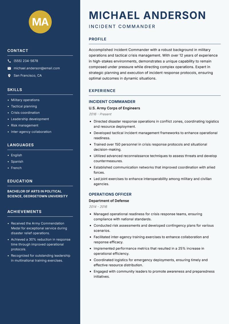Incident Commander resume sample — Incident Commander focus