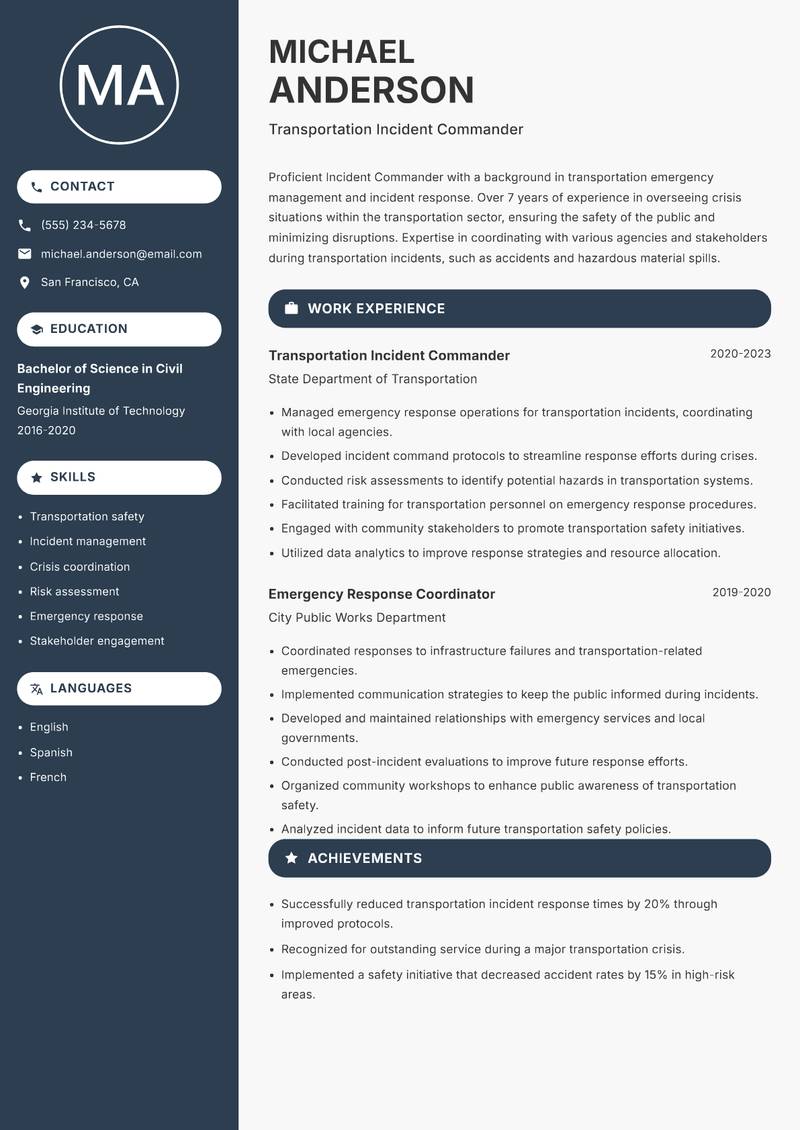 Incident Commander resume sample — Transportation Incident Commander focus