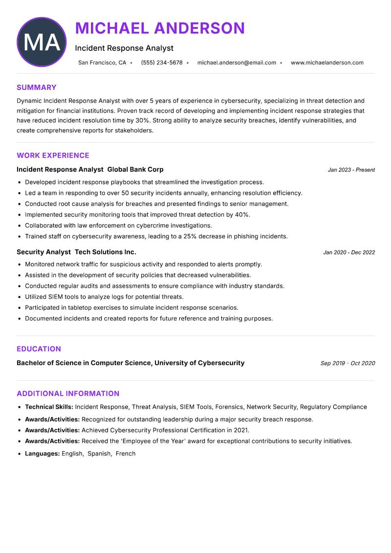 Incident Response Analyst resume example