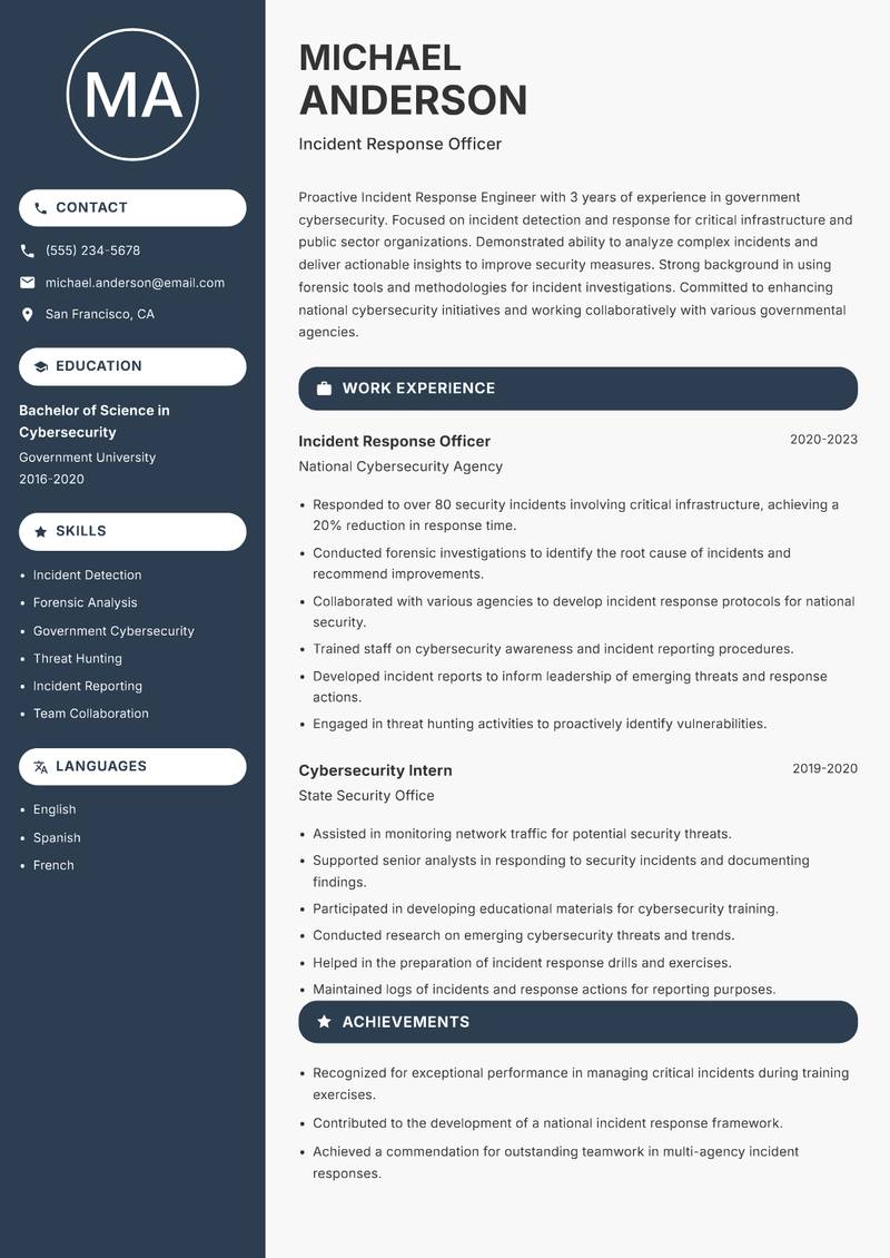 Incident Response Engineer resume sample — Incident Response Officer focus