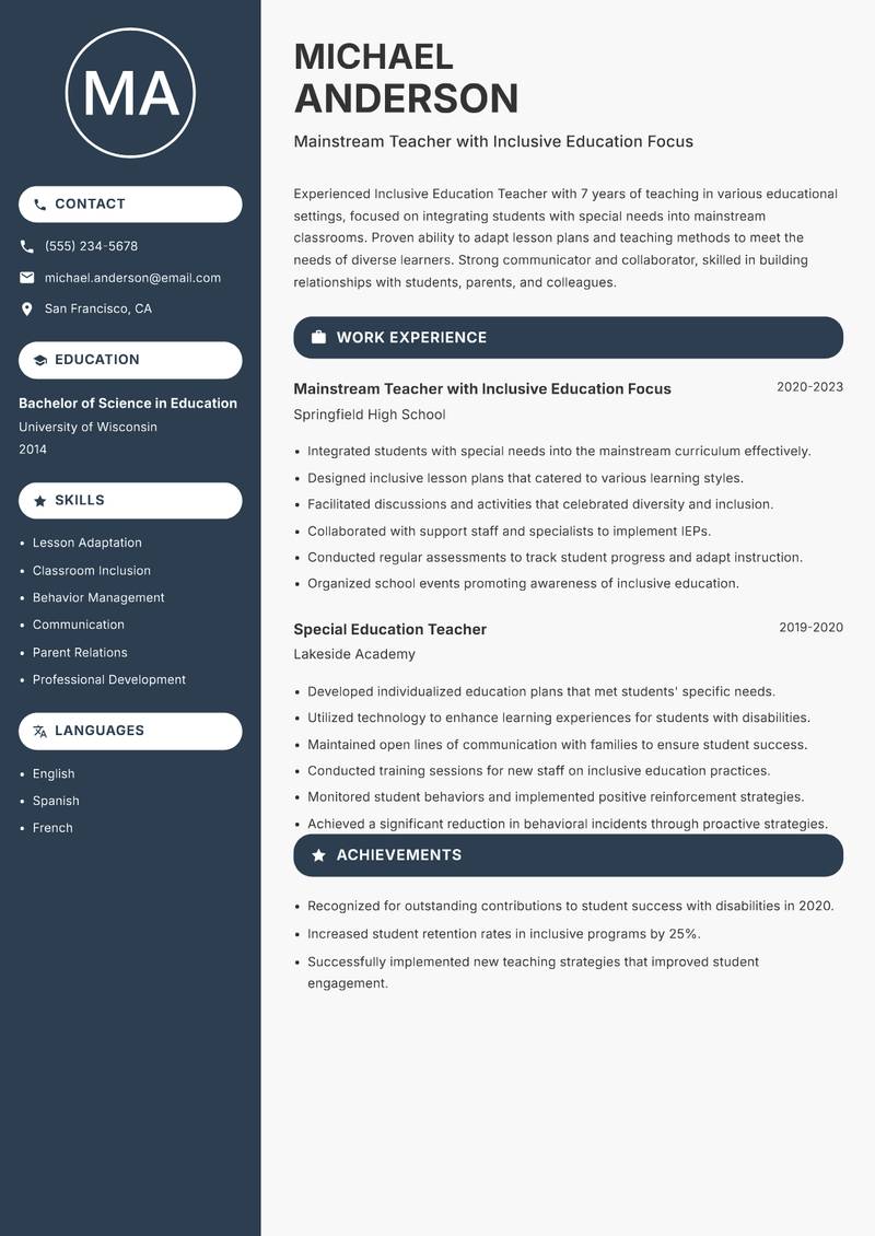 Inclusive Education Teacher resume sample — Mainstream Teacher with Inclusive Education Focus focus