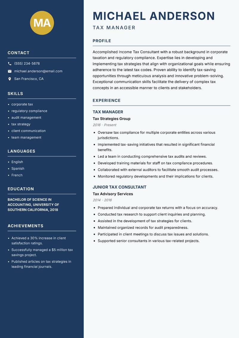 Income Tax Consultant resume sample — Tax Manager focus