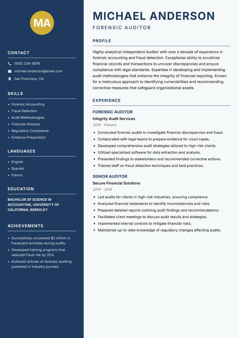 Independent Auditor resume sample — Forensic Auditor focus