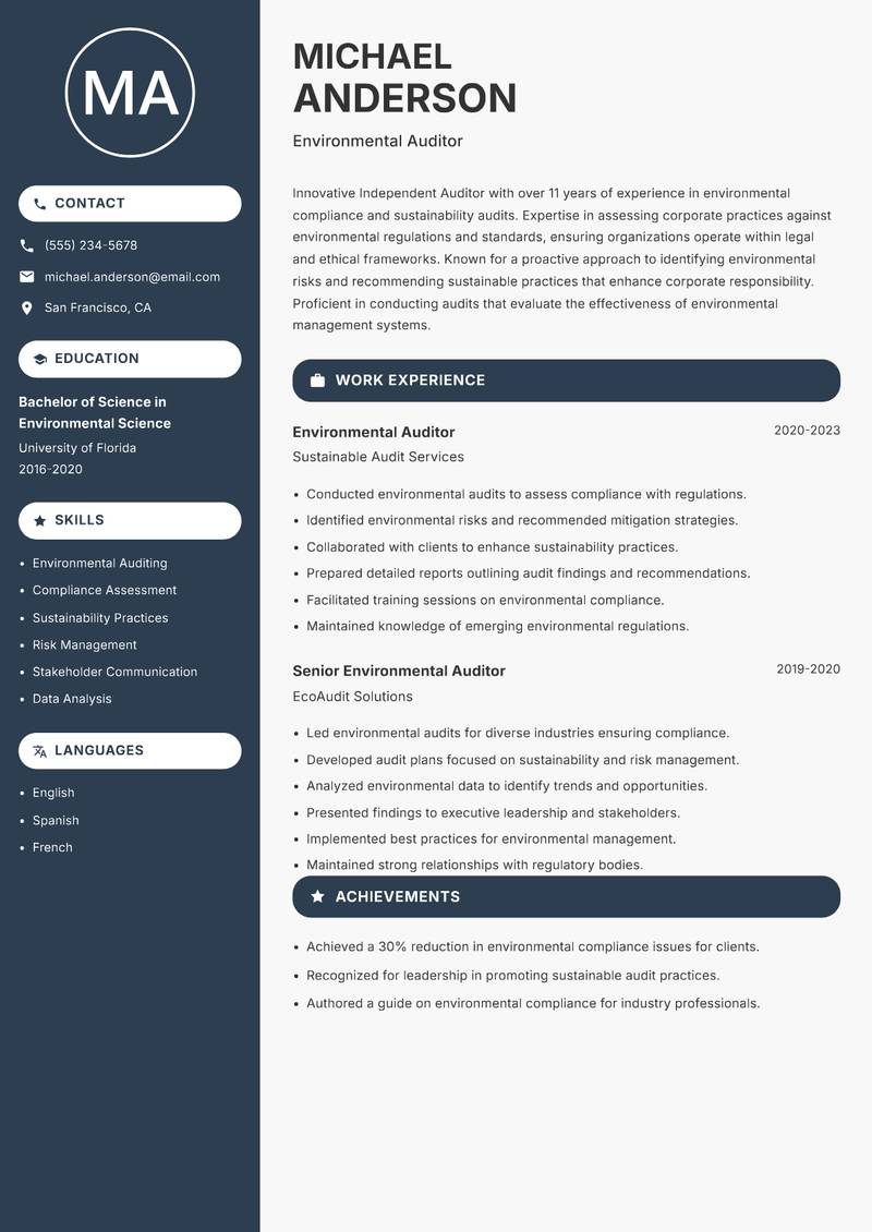 Independent Auditor resume sample — Environmental Auditor focus
