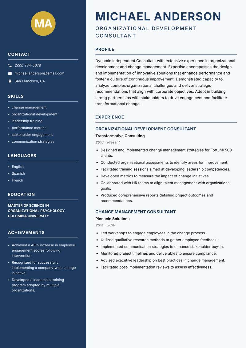 Independent Consultant resume sample — Organizational Development Consultant focus