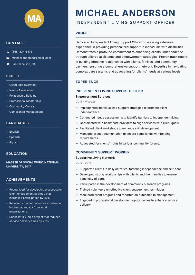 Independent Living Support Officer resume sample — Independent Living Support Officer focus