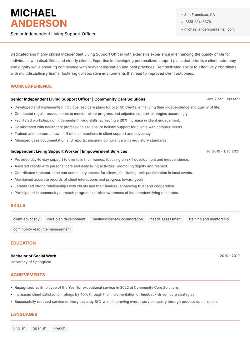 Independent Living Support Officer resume sample — Senior Independent Living Support Officer focus
