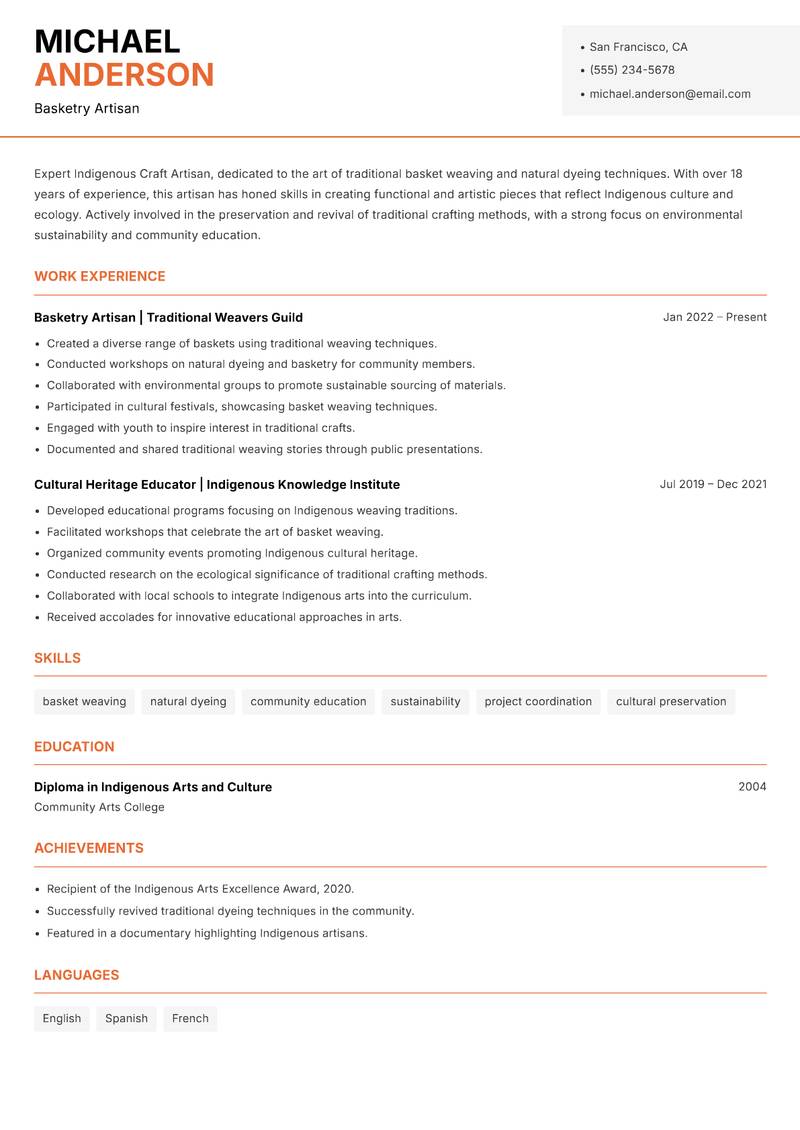 Indigenous Craft Artisan resume sample — Basketry Artisan focus
