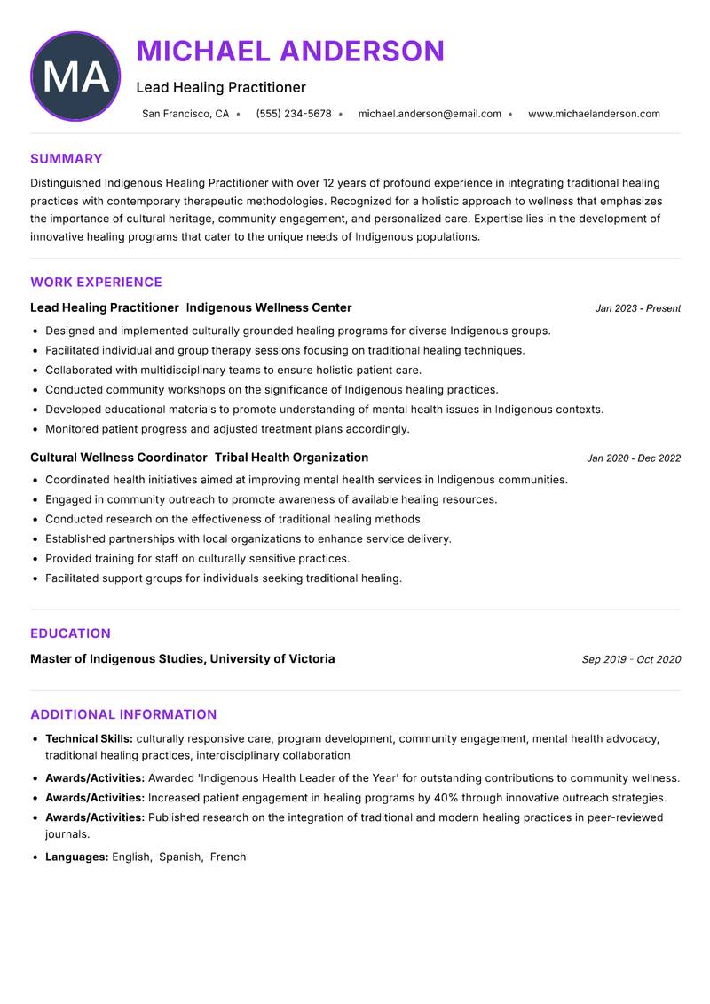 Indigenous Healing Practitioner resume example