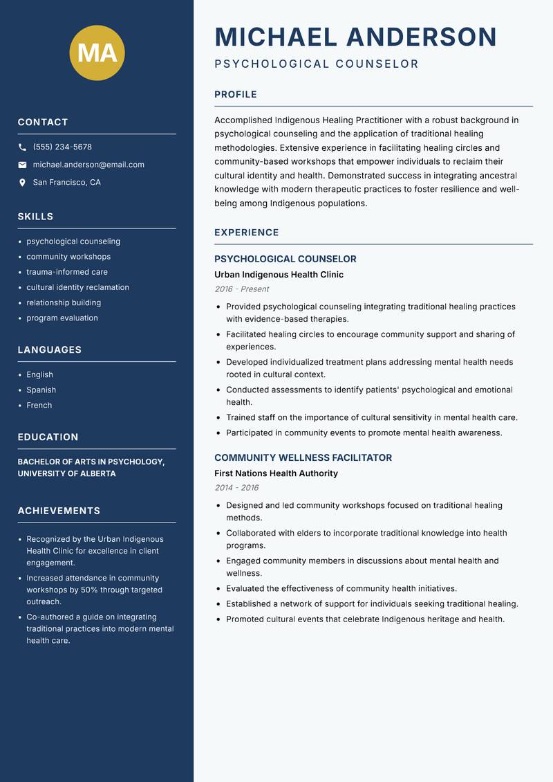 Indigenous Healing Practitioner resume sample — Psychological Counselor focus