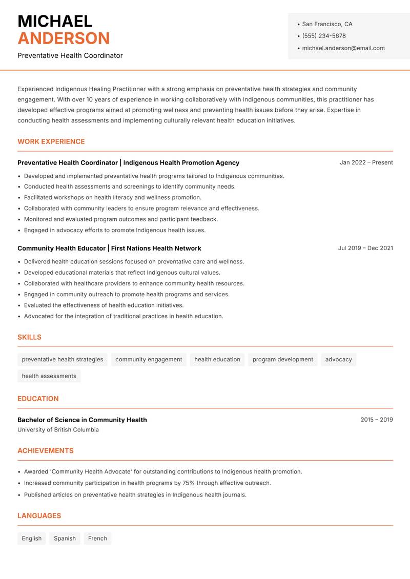 Indigenous Healing Practitioner resume sample — Preventative Health Coordinator focus