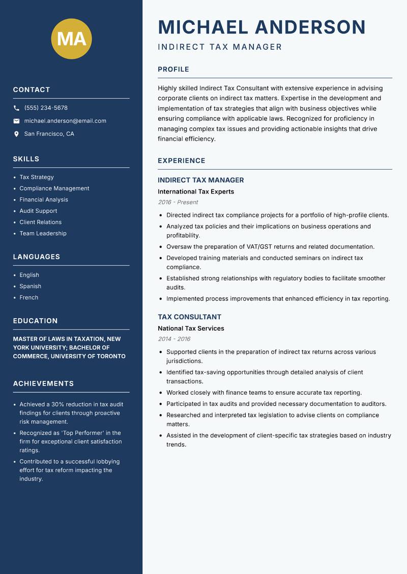 Indirect Tax Consultant resume sample — Indirect Tax Manager focus