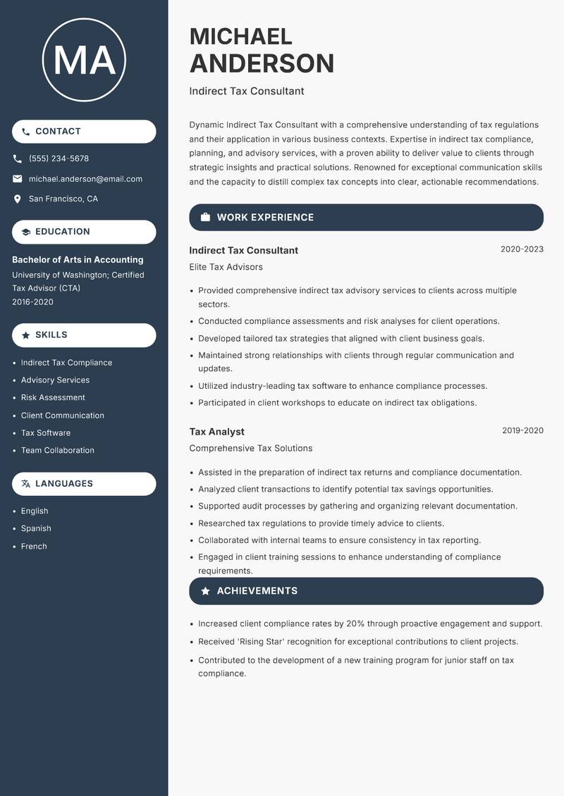 Indirect Tax Consultant resume sample — Indirect Tax Consultant focus