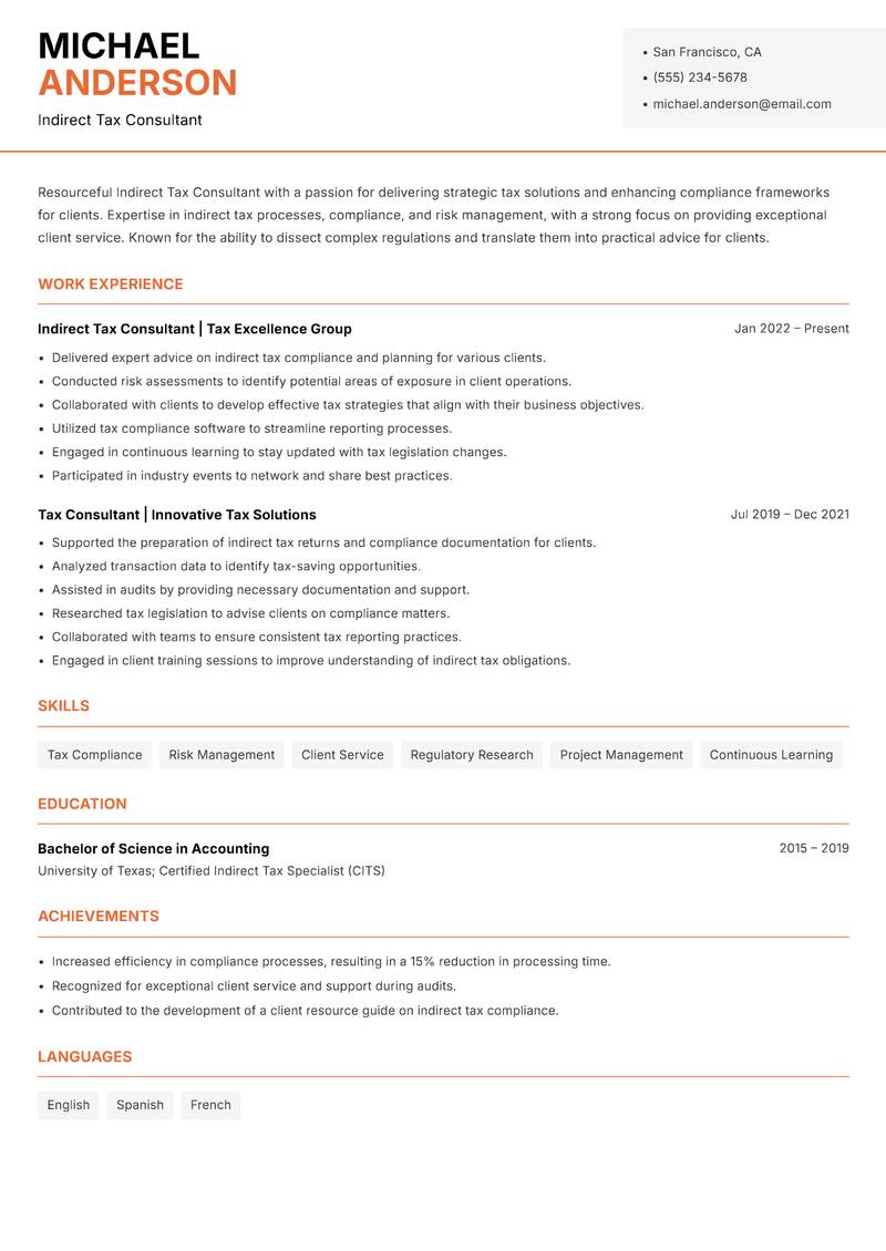 Indirect Tax Consultant resume sample — Indirect Tax Consultant focus