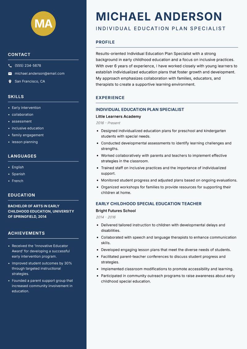 Individual Education Plan Specialist resume sample — Individual Education Plan Specialist focus