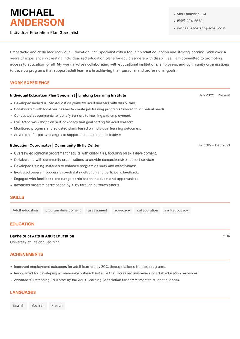 Individual Education Plan Specialist resume sample — Individual Education Plan Specialist focus