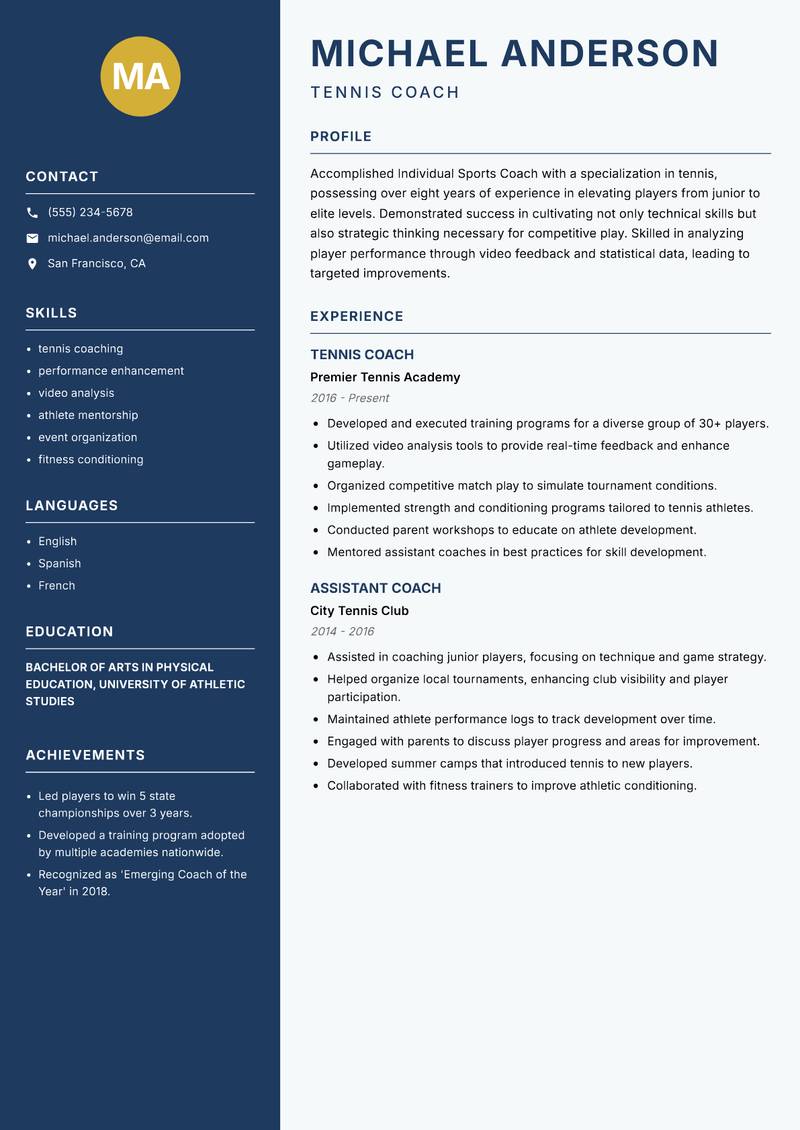 Individual Sports Coach resume sample — Tennis Coach focus