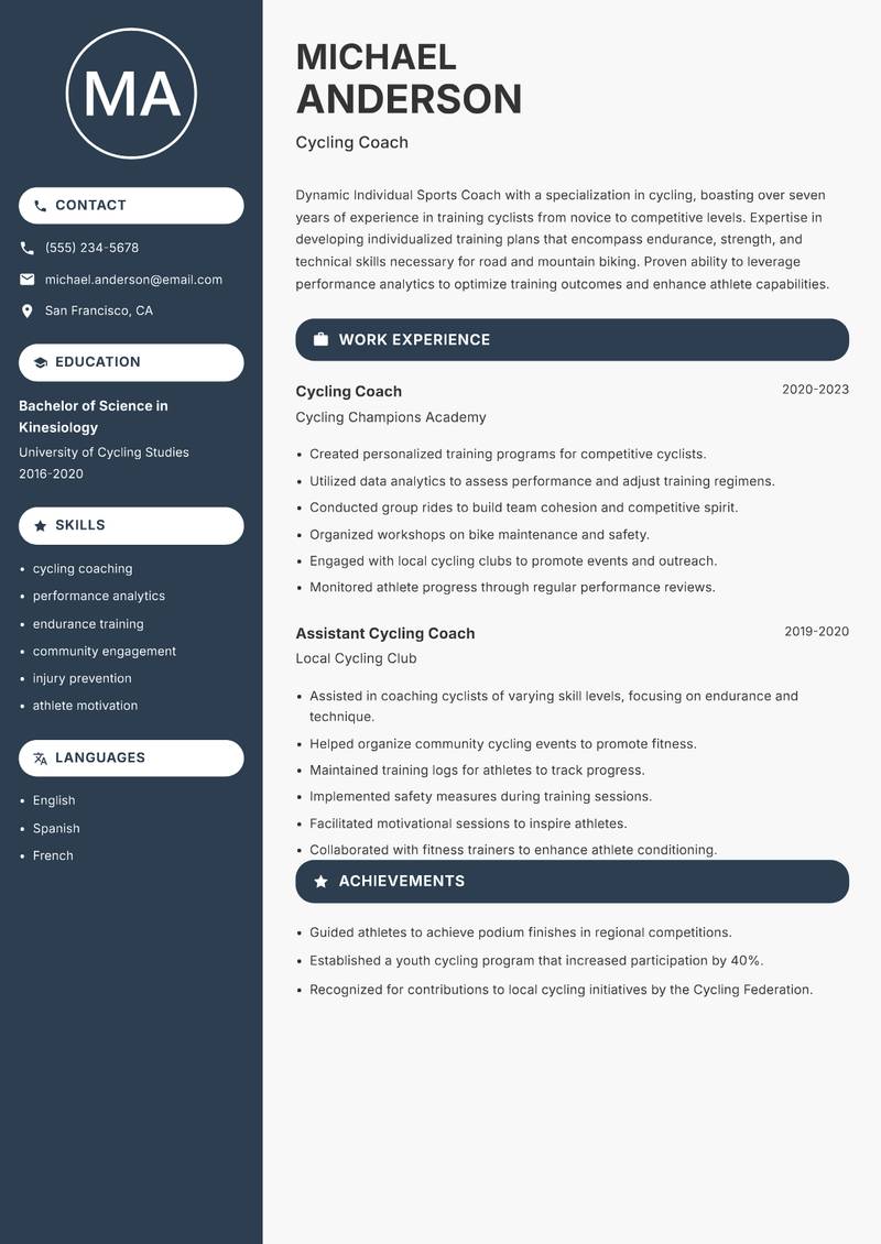 Individual Sports Coach resume sample — Cycling Coach focus
