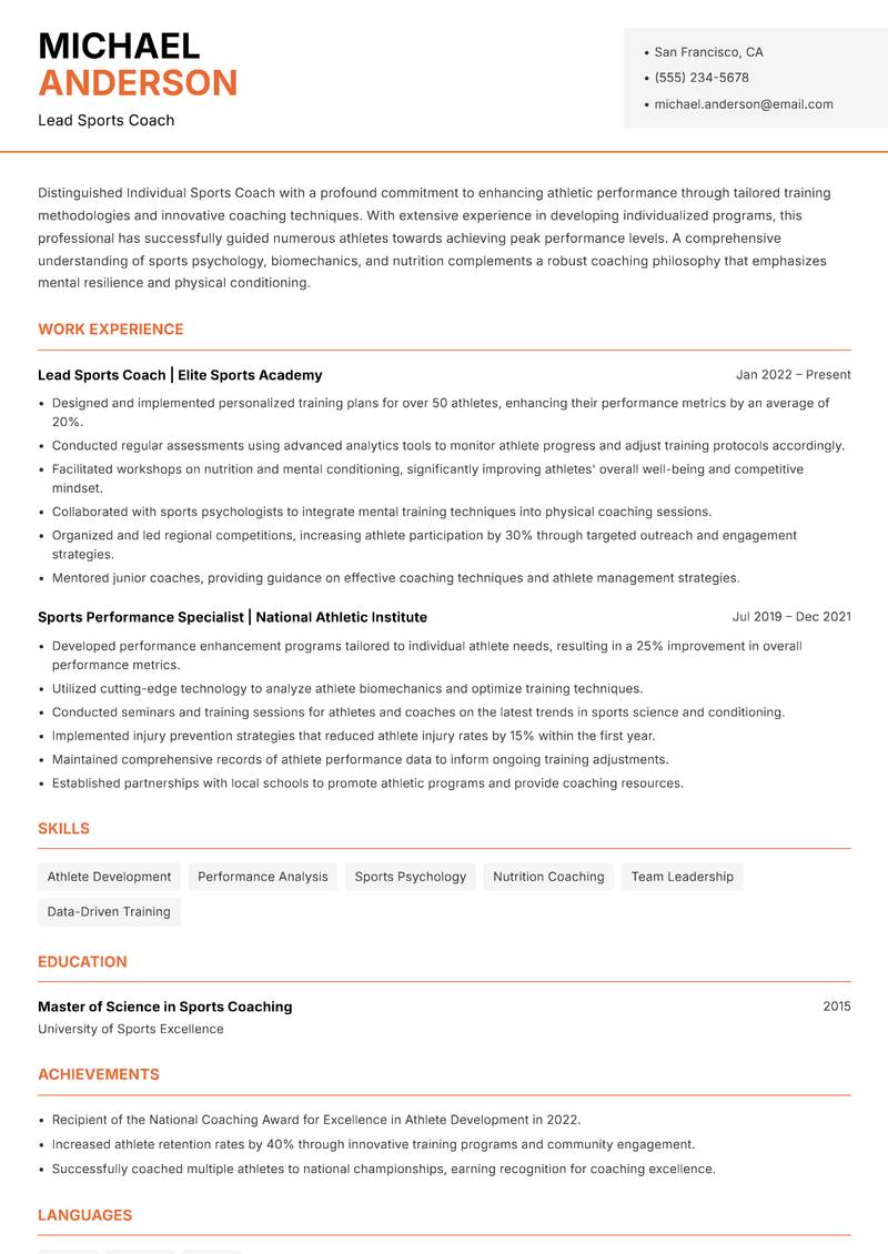 Individual Sports Coach resume sample — Lead Sports Coach focus