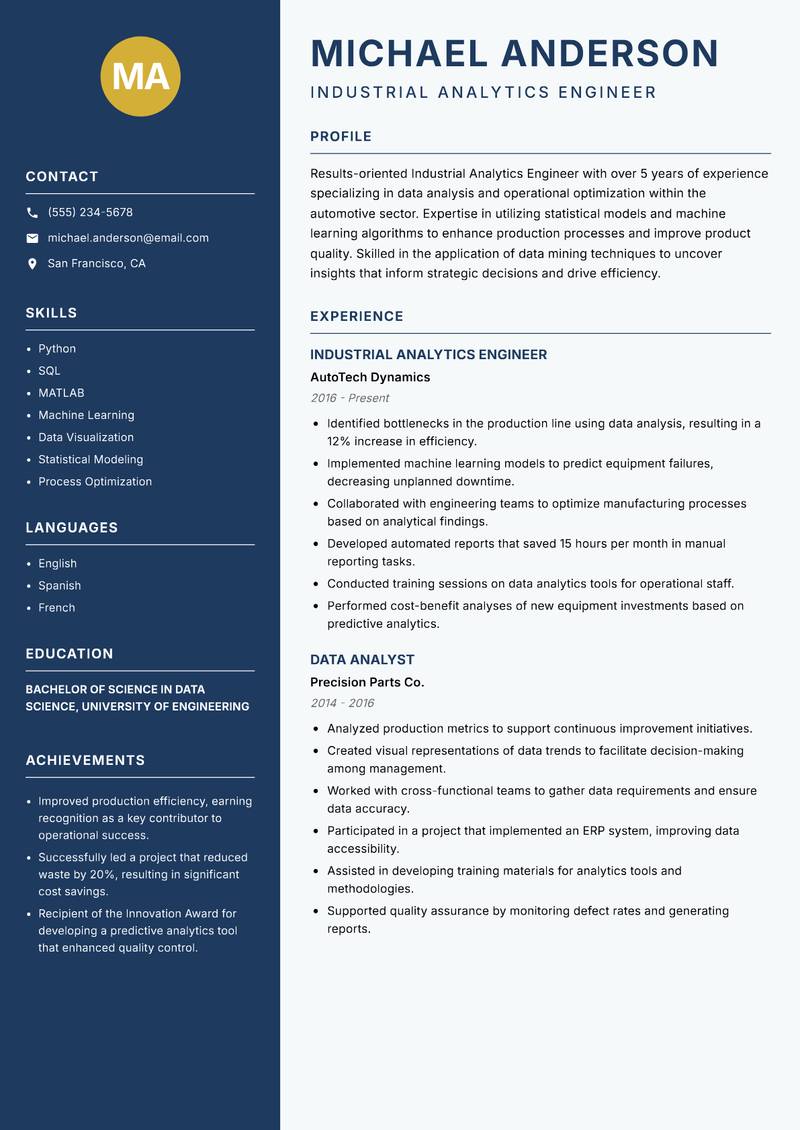 Industrial Analytics Engineer resume sample — Industrial Analytics Engineer focus