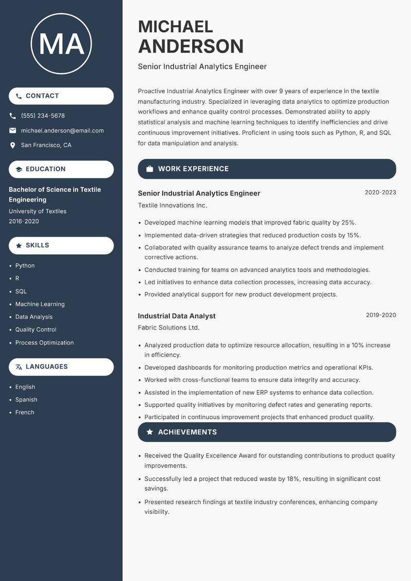 Industrial Analytics Engineer resume sample — Senior Industrial Analytics Engineer focus