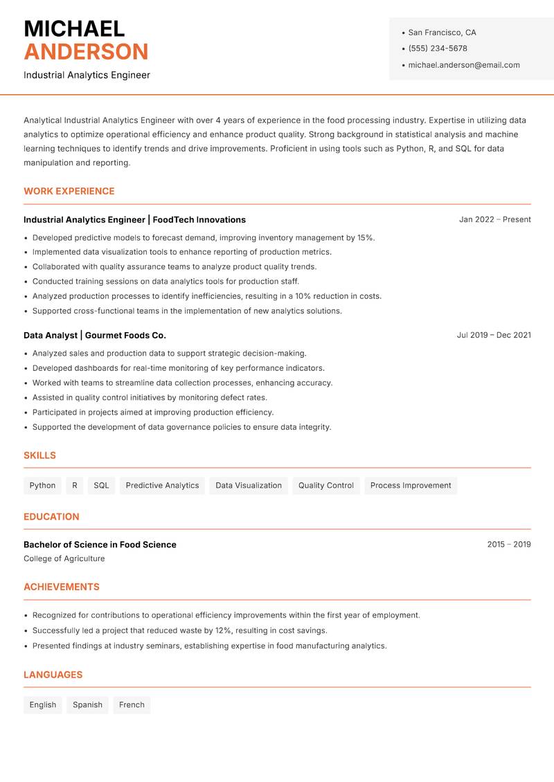 Industrial Analytics Engineer resume sample — Industrial Analytics Engineer focus