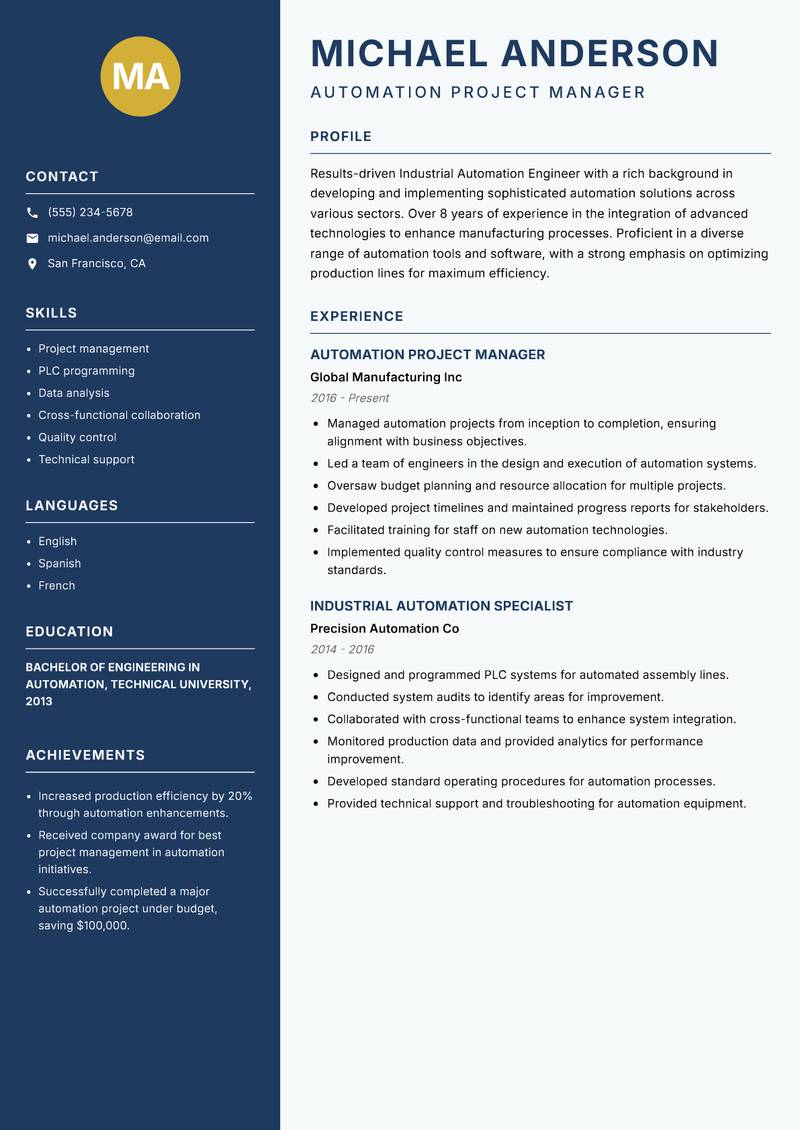 Industrial Automation Engineer resume sample — Automation Project Manager focus