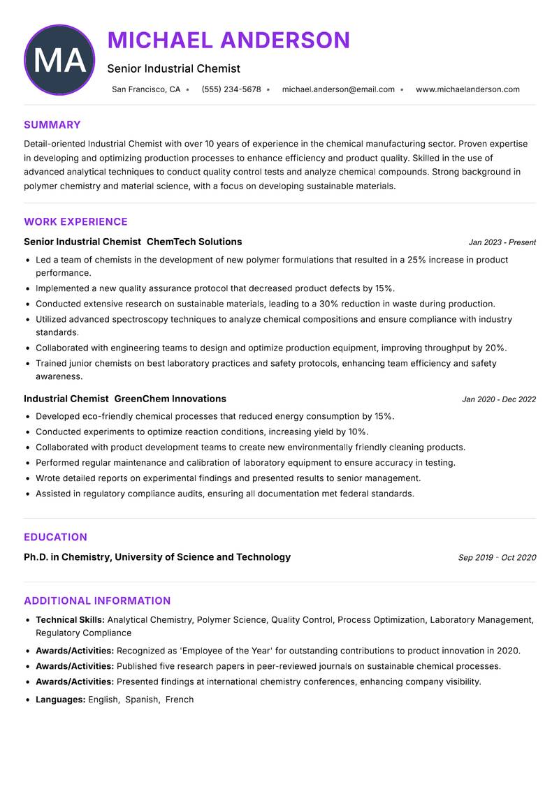 Industrial Chemist resume example
