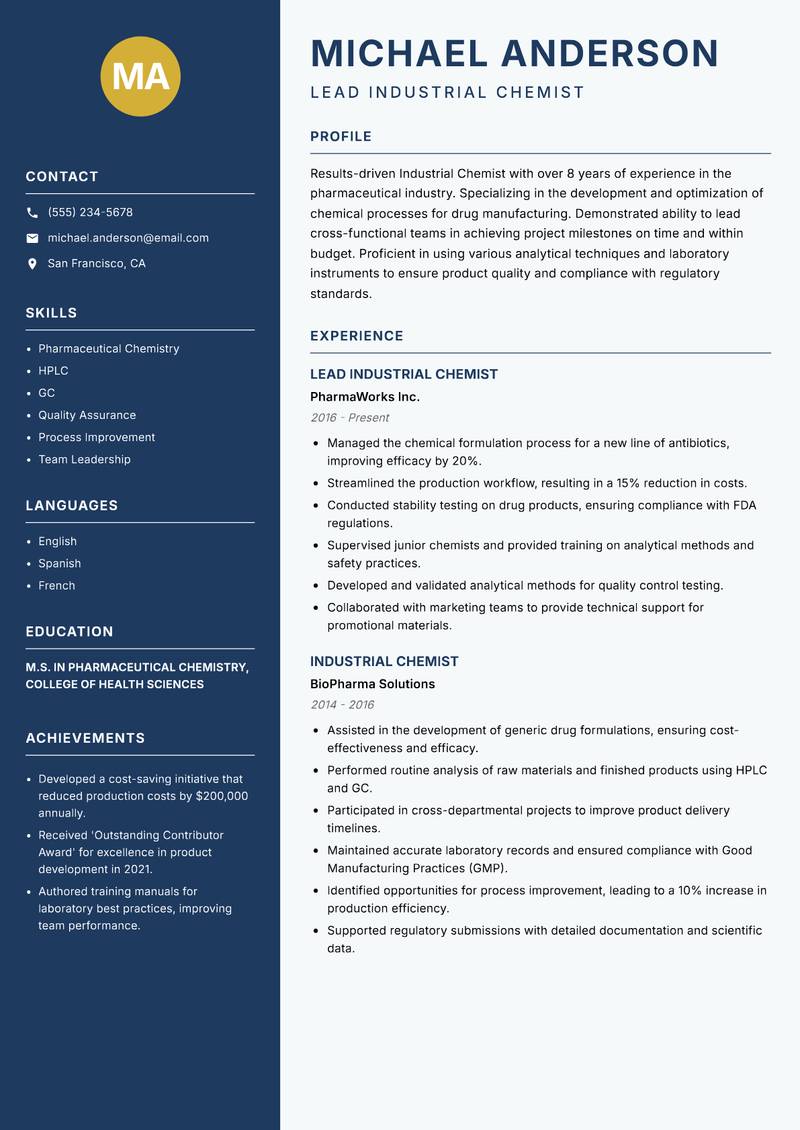 Industrial Chemist resume sample — Lead Industrial Chemist focus