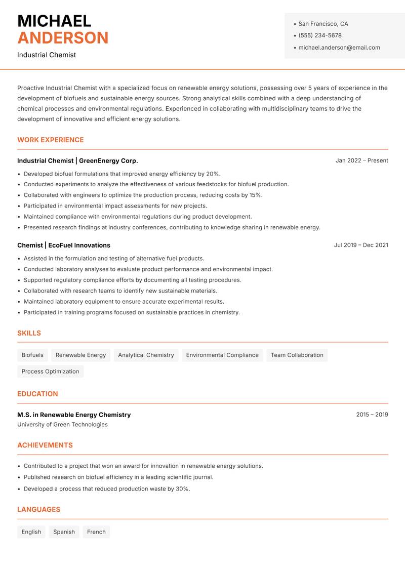 Industrial Chemist resume sample — Industrial Chemist focus