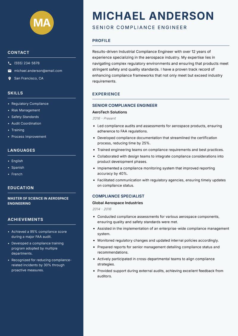 Industrial Compliance Engineer resume sample — Senior Compliance Engineer focus