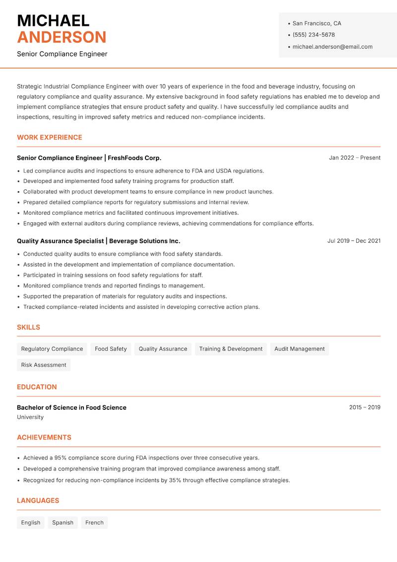 Industrial Compliance Engineer resume sample — Senior Compliance Engineer focus
