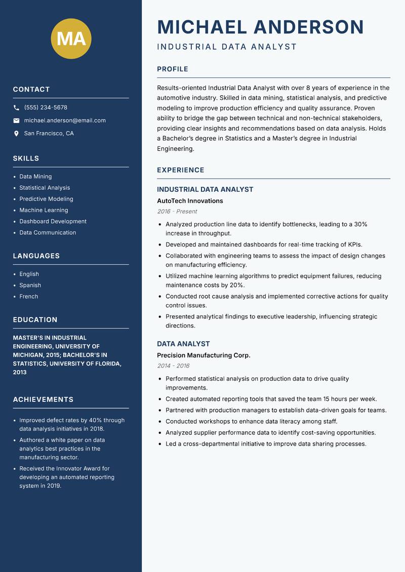 Industrial Data Analyst resume sample — Industrial Data Analyst focus