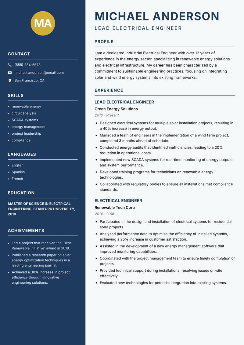 Industrial Electrical Engineer resume sample — Lead Electrical Engineer focus