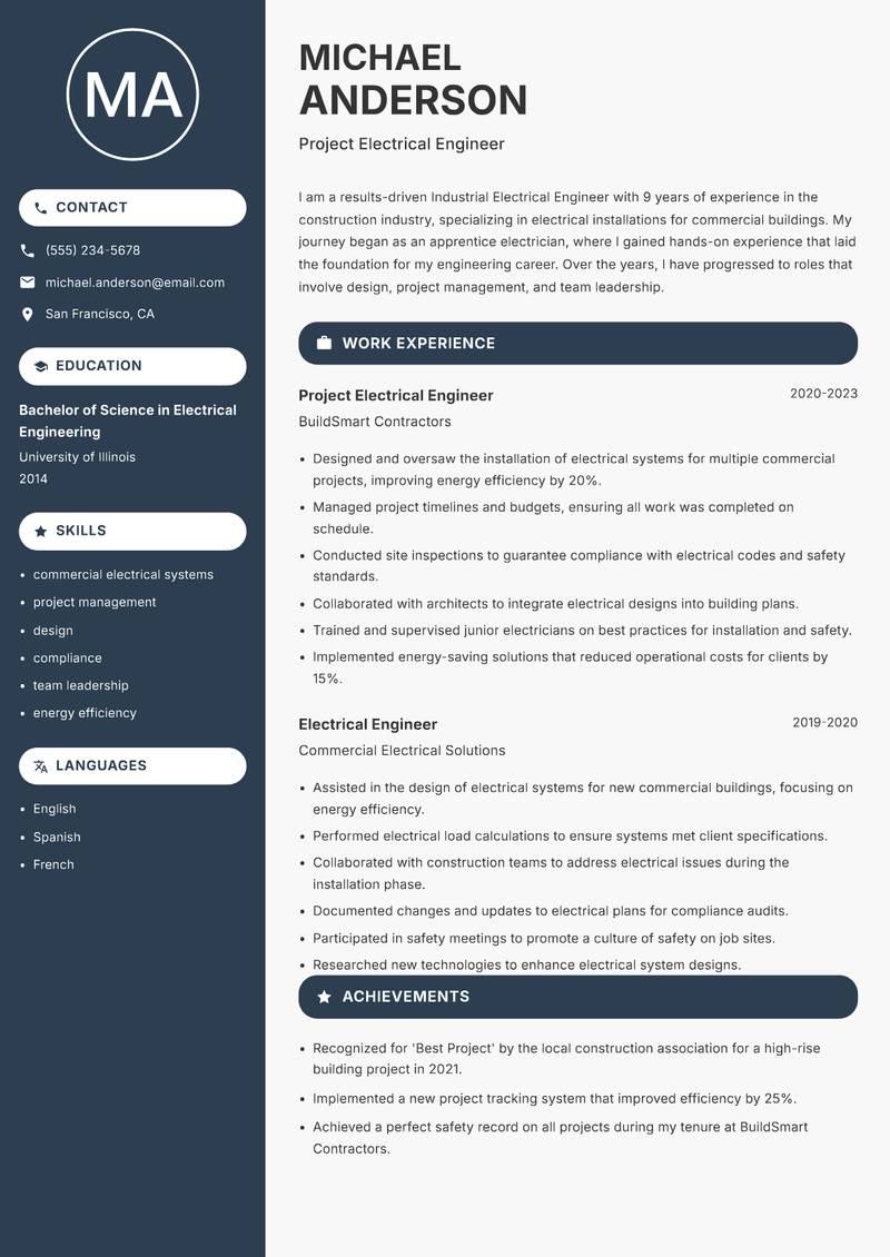 Industrial Electrical Engineer resume sample — Project Electrical Engineer focus