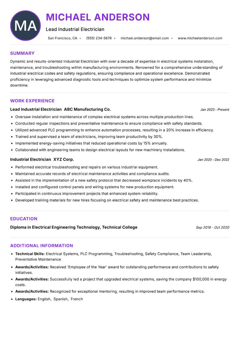 Industrial Electrician resume example