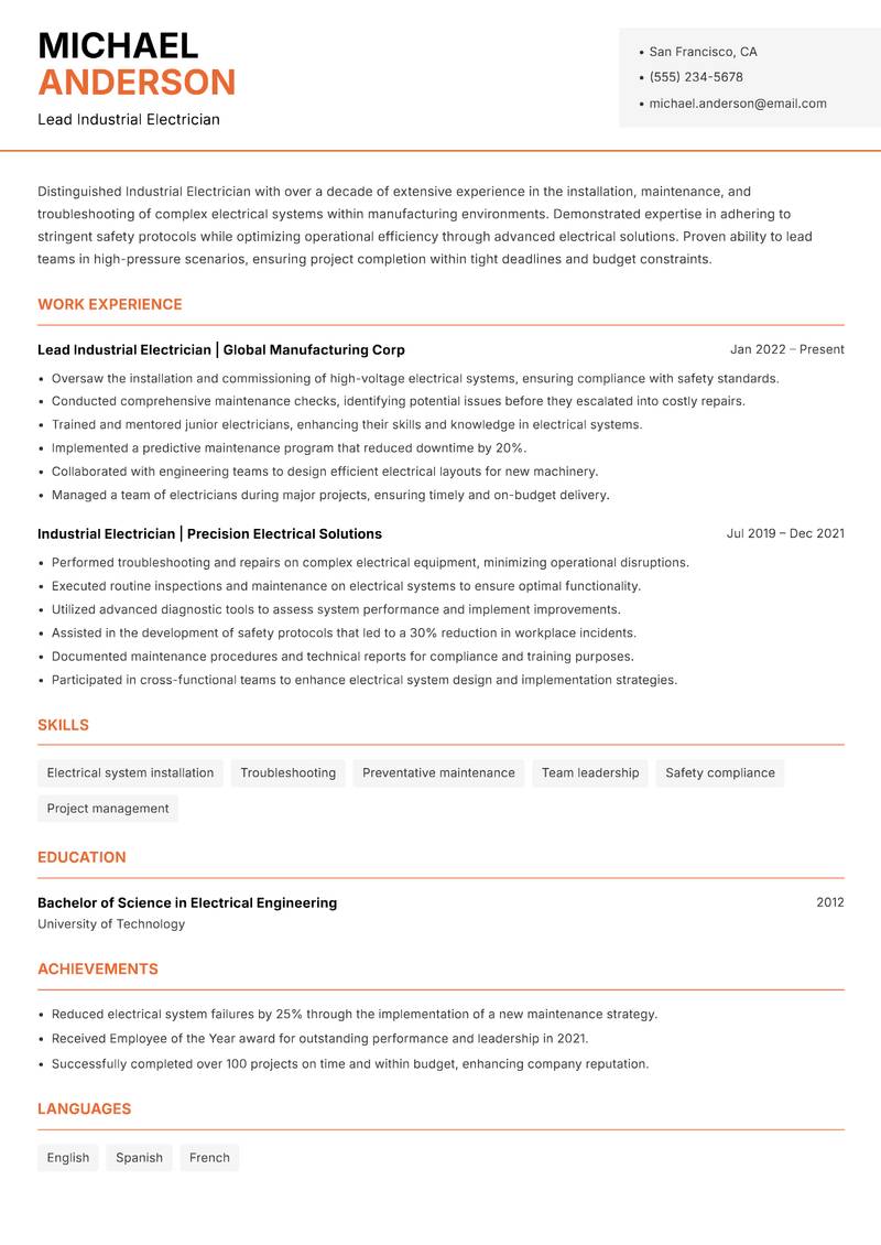 Industrial Electrician resume sample — Lead Industrial Electrician focus