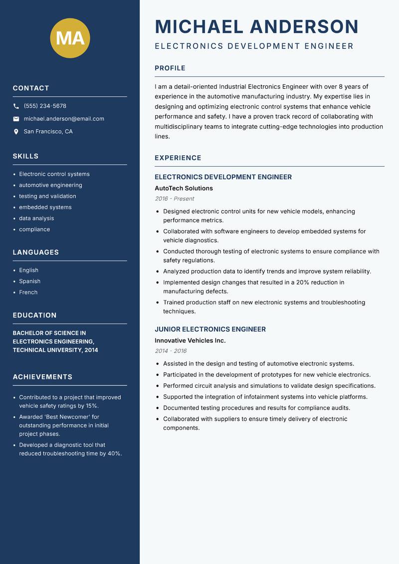 Industrial Electronics Engineer resume sample — Electronics Development Engineer focus