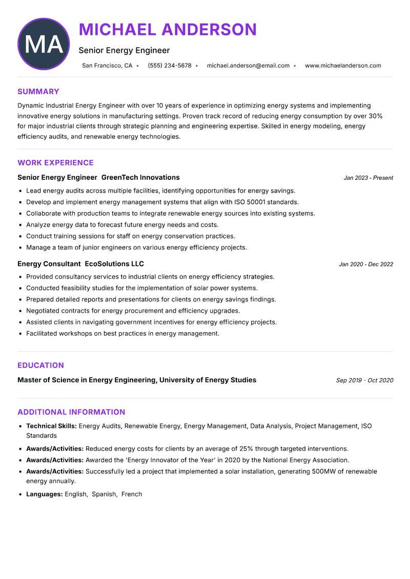 Industrial Energy Engineer resume example