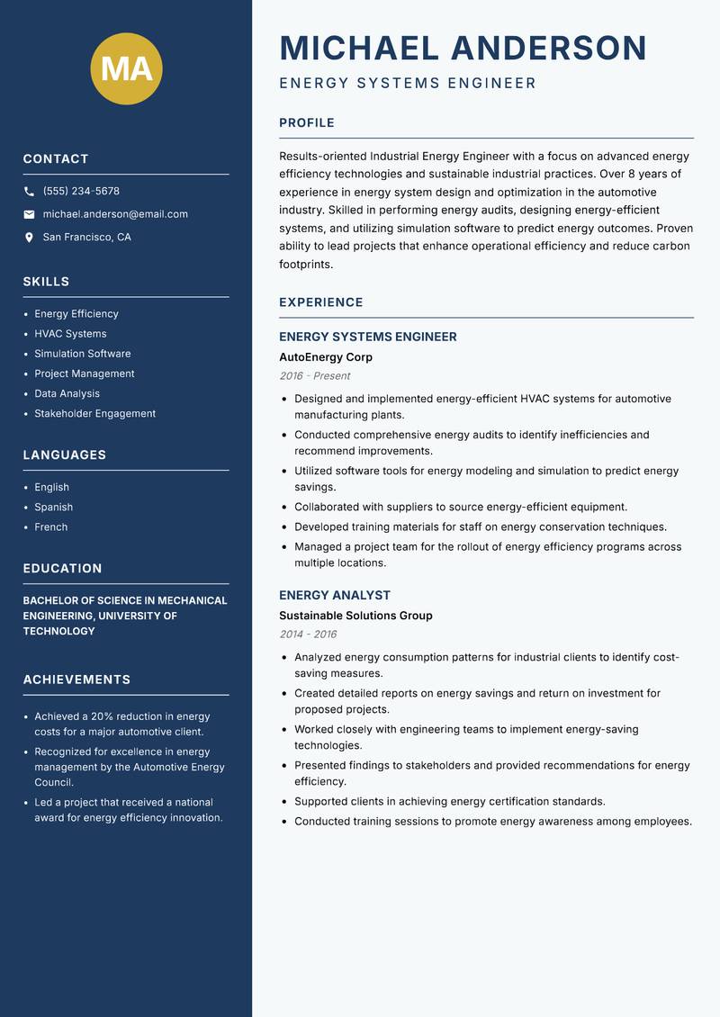 Industrial Energy Engineer resume sample — Energy Systems Engineer focus