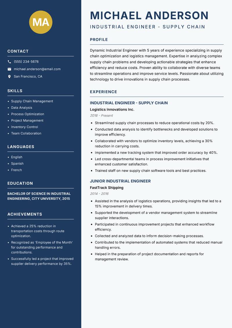 Industrial Engineer resume sample — Industrial Engineer - Supply Chain focus