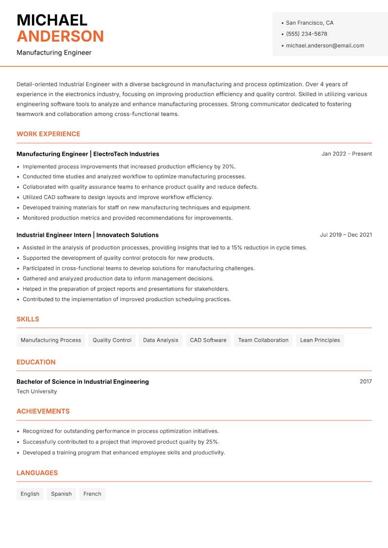 Industrial Engineer resume sample — Manufacturing Engineer focus
