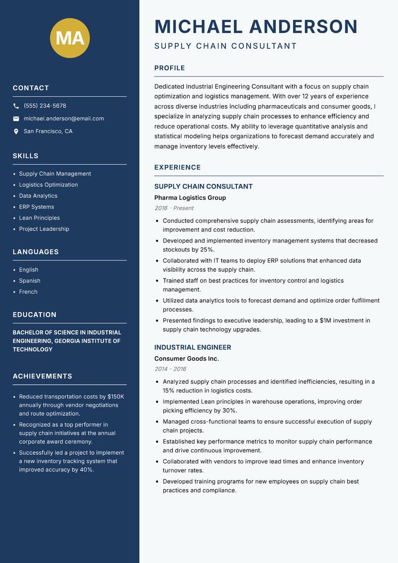 Industrial Engineering Consultant resume sample — Supply Chain Consultant focus